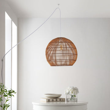Raya 19" Farmhouse Coastal Rattan 180" Cord Plug-In or Hardwired LED Pendant - JONATHAN Y